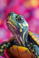 A turtle basking under vibrant pink colors in an artistic representation of its environment photo