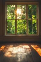 Sunlight streaming through French doors in a rustic room with wooden floors during autumn photo
