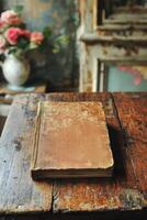 Old, worn blue book resting on a wooden table in a rustic setting during daylight hours photo