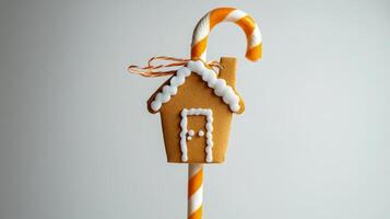 Gingerbread house decoration with candy cane against a light background for festive celebrations photo