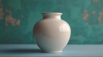 A simple ceramic vase on a blue table against a textured green wall in natural light photo