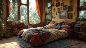 Cozy bedroom with natural light in a serene setting showcasing soft bedding and greenery photo