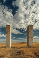 Sunset over golden wheat fields with silos in rural landscape photo