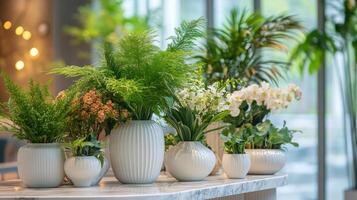 Elegant indoor garden display with assorted plants and decorative pots in a bright setting photo