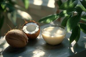 Fresh coconut halves and creamy coconut milk placed on a wooden surface in natural light photo