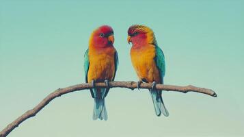 Colorful birds perched on a branch during a sunny day in a vibrant natural setting photo