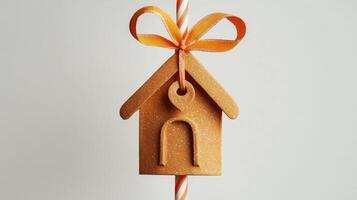 Gingerbread house decoration with candy cane against a light background for festive celebrations photo