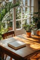 An old leather bound book resting on a rustic wooden table in a weathered space photo