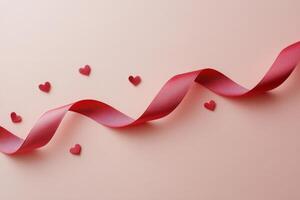 Decorative red ribbon with heart patterns on a soft pink background for festive occasions photo