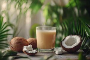Fresh coconut halves and creamy coconut milk placed on a wooden surface in natural light photo