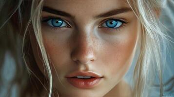 Young woman with striking blue eyes and freckles poses close up against a neutral background photo
