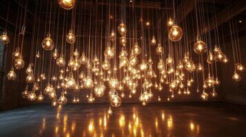 Unique installation of hanging light bulbs creating a warm glow in an industrial space at night photo