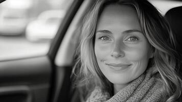 Young woman smiling joyfully inside a car during a bright day in a city environment photo