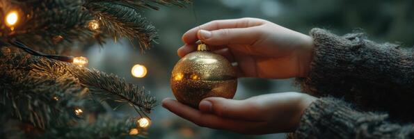 Two hands exchanging a gold ornament while decorating a Christmas tree in a warmly lit room photo