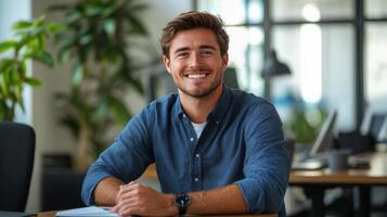 Smiling man in a cozy caf setting, enjoying a lively atmosphere during evening hours photo
