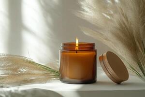 Aromatic candle lit beside decorative dried grass on white surface during tranquil setting photo