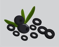 olives with leaves and black olives on a gray background vector