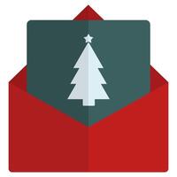 Christmas greeting card in red open envelope flat isolated on white background. vector