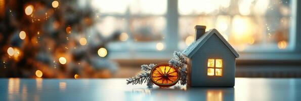 A cozy winter setting featuring a miniature house and dried orange slice near a Christmas tree photo