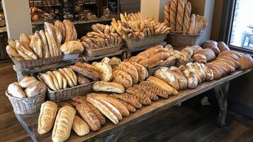 A variety of fresh artisan breads displayed on wooden tables at a bakery in the morning photo