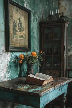 A simple, closed book resting on a rustic wooden stool in a sunlit room with a window photo