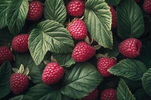 Fresh organic raspberries and green leaves displayed on a dark background in a natural arrangement photo