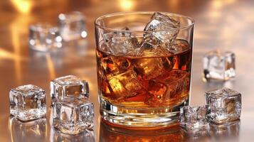 A glass of whiskey with ice cubes on a reflective surface during a social gathering photo