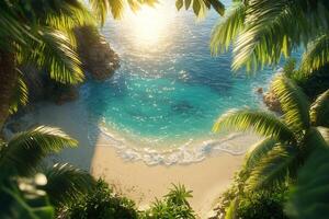 Aerial view of a secluded tropical beach surrounded by lush greenery in the afternoon sunlight photo