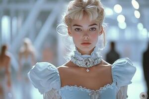 Elegant runway model in a vintage blue dress with intricate details at a fashion show photo