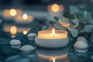 Warm candlelight and soothing greenery create a tranquil atmosphere in a calming setting photo