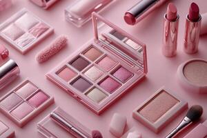 A collection of pink makeup products arranged aesthetically on a soft pink surface photo