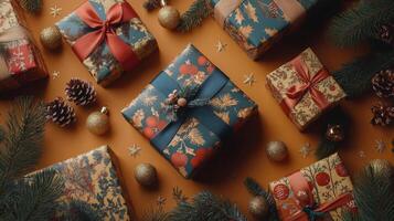 Colorful holiday gifts arranged artistically on a vibrant orange background with decorations photo