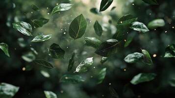 Floating green leaves captured in mid air against a dark background in a serene natural setting photo