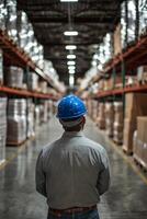 Warehouse manager assesses inventory in a large storage facility during daylight hours photo