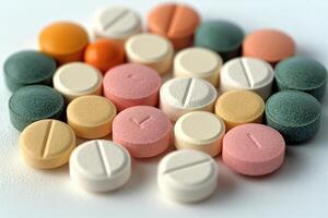 A collection of various colorful pills and capsules displayed on a neutral surface photo