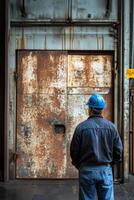 Warehouse manager assesses inventory in a large storage facility during daylight hours photo