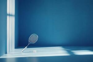 A tennis racket rests on the floor in a bright blue room with sunlight streaming through the windows photo