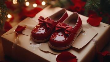 Red shoes with bows presented in a festive box among rose petals and twinkling lights photo