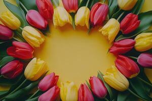 Colorful tulips arranged in a circular pattern on a bright yellow background during spring season photo