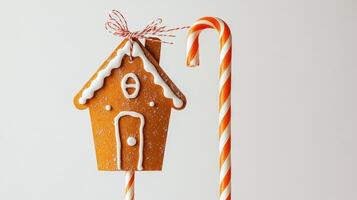 Gingerbread house decoration with candy cane against a light background for festive celebrations photo