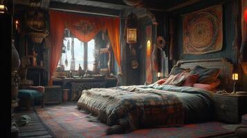 Cozy bedroom with natural light in a serene setting showcasing soft bedding and greenery photo