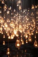 An evening at the art gallery with hanging light installations illuminating the space photo