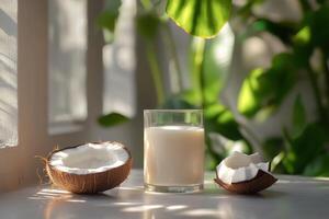 Fresh coconut halves and creamy coconut milk placed on a wooden surface in natural light photo