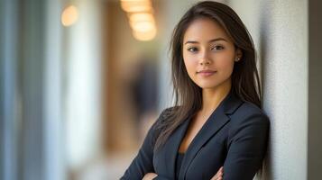 A confident young woman poses elegantly in a tailored suit against a subtle backdrop indoors photo