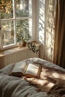 A weathered book resting on a rustic table near a window, capturing timeless beauty and history photo