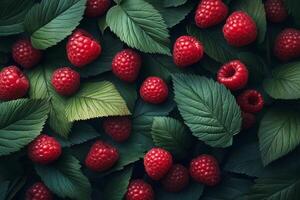 Fresh organic raspberries and green leaves displayed on a dark background in a natural arrangement photo