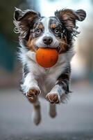 Happy dog joyfully leaps in the air while chasing a bright orange ball in an outdoor setting photo