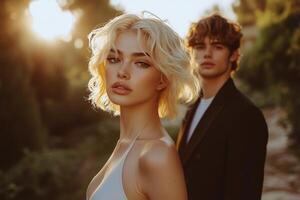 Golden hour portrait of two models in a stunning outdoor setting at sunset photo
