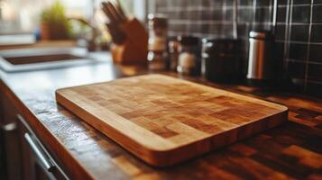 Cozy kitchen with wooden countertop, stove, and various jars in a warm, inviting setting photo