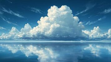 Majestic storm cloud formation over a serene lake at midday, reflecting natures beauty photo